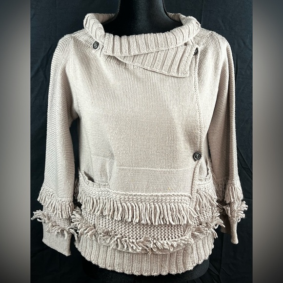 Piazza Sempione Beige Multi Pattern Fringe Wrap Button Wool Sweater | Size Med - Picture 1 of 10